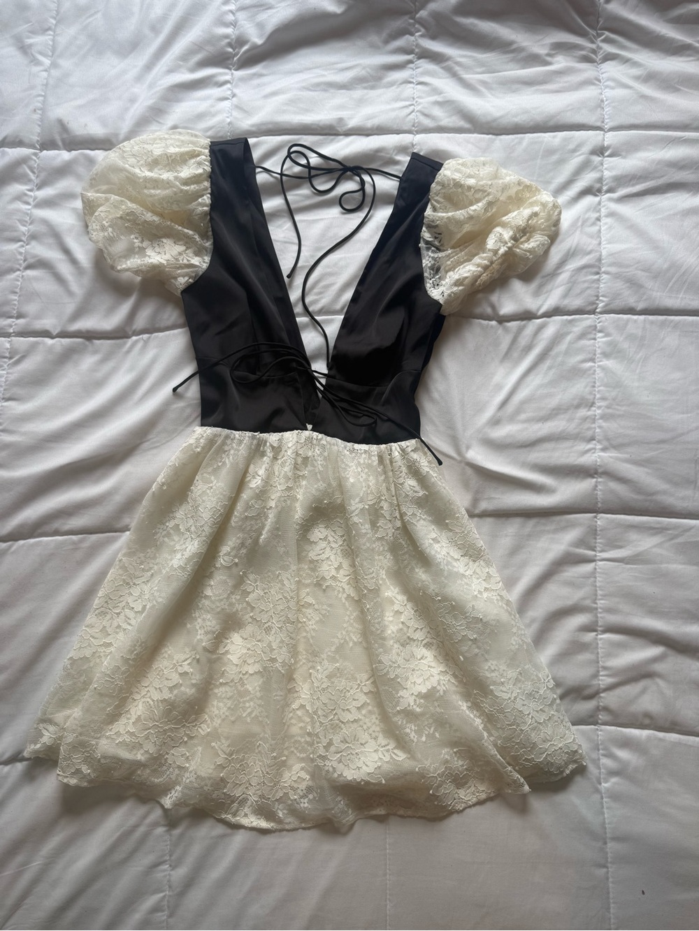 For Love & Lemons Black and Ivory Puff Sleeve Mini Dress